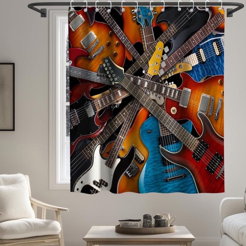Final Friday Music Shower Curtain Instruments Kinds of Guitar Musical Theme Fabric Bathroom Decor Sets with Grommets and Hooks 72 x 72 Inch Brown,White, Blue - Image 3